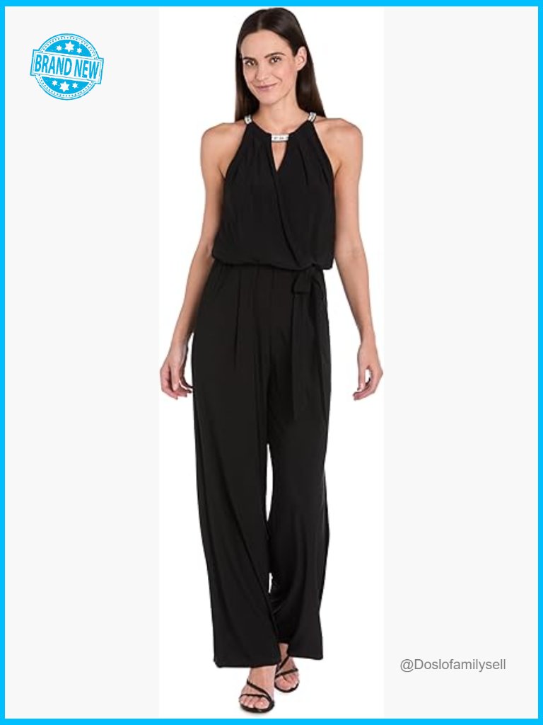 Rhinestone Halter Neck Blouson Jumpsuit Wrap Style Self Tie Belt Sleeveless